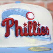 close up of the wordmark on the Philadelphia Phillies Cooperstown Jersey Script Wordmark 1996 All Star Game Side Patch Grey UV 59Fifty Fitted Cap | Chrome/Powder Blue Cap Swag Exclusive