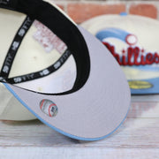 grey under visor of the Philadelphia Phillies Cooperstown Jersey Script Wordmark 1996 All Star Game Side Patch Grey UV 59Fifty Fitted Cap | Chrome/Powder Blue Cap Swag Exclusive