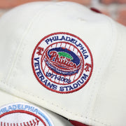 Close up of the Veterans Stadium on the Philadelphia Phillies Cooperstown City Hall Logo Veterans Stadium Side Patch Powder Blue UV 59Fifty Fitted Cap | Chrome/Maroon nohiosafariclub Exclusive