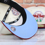 Powder blue under visor of the Philadelphia Phillies Cooperstown City Hall Logo Veterans Stadium Side Patch Powder Blue UV 59Fifty Fitted Cap | Chrome/Maroon nohiosafariclub Exclusive