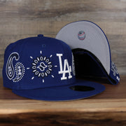 front and bottom of the Los Angeles Lakers All Over Paisley Bandana Pattern Grey Bottom 5950 Fitted Cap | Blue