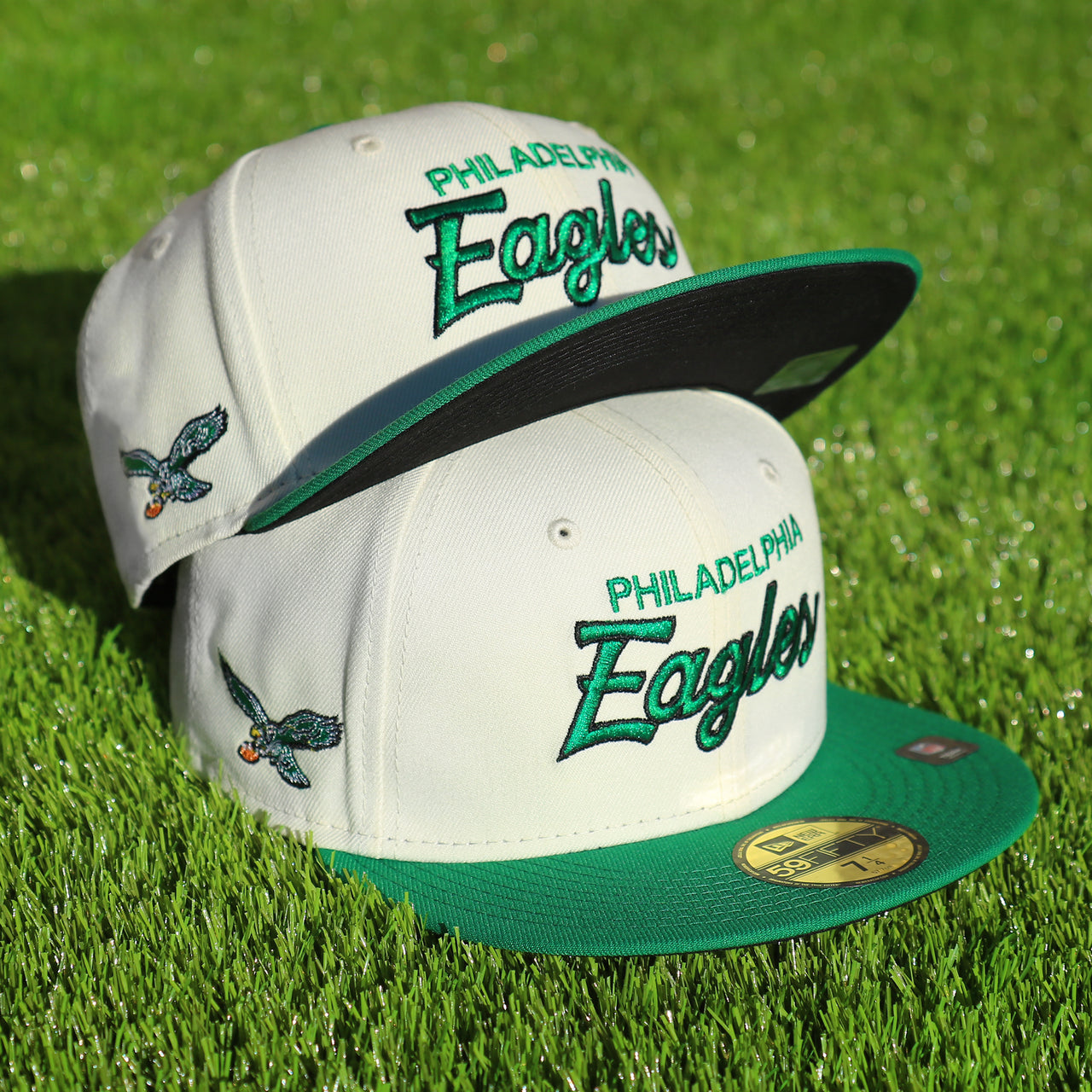 Philadelphia Eagles Throwback Wordmark Jersey Script Cream/Kelly Green Black UV Side Patch 59Fifty Fitted Cap | nohiosafariclub Exclusive
