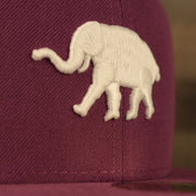 Close up of the vintage Athletics elephant logo on the Philadelphia Athletics Glow In The Dark Oakland 40 Year Patch Teal Bottom Side Patch 59Fifty Fitted Cap