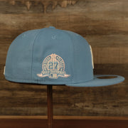 Wearer's right of the New York Yankees Glow In The Dark 27x World Series Champs Patch Pink Bottom Side Patch 59Fifty Fitted Cap