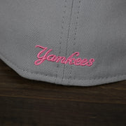 A close up the Yankees embroiderey on teh New York Mets 2022 Mother’s Day On-Field 39Thirty Flexfit Cap