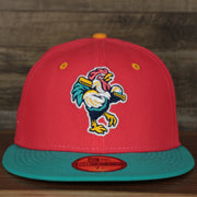 front of the Delmarva Shore Birds 2022 Gallos de Delmarva Copa de la Diversion On-Field Black Bottom 5950 Fitted Cap | Red