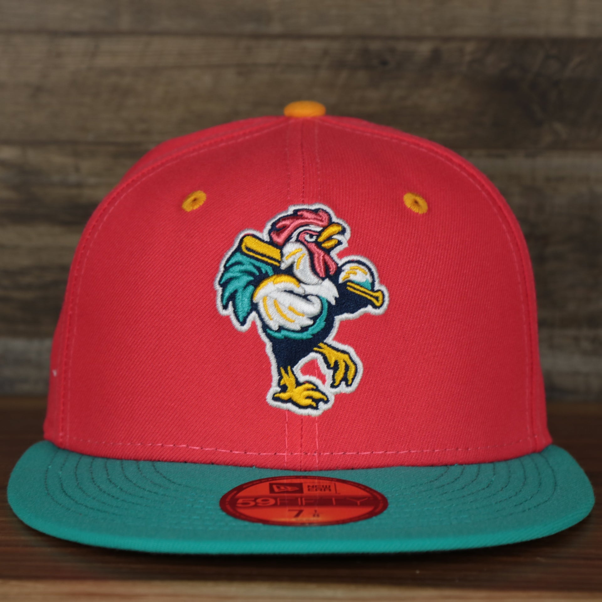 front of the Delmarva Shore Birds 2022 Gallos de Delmarva Copa de la Diversion On-Field Black Bottom 5950 Fitted Cap | Red