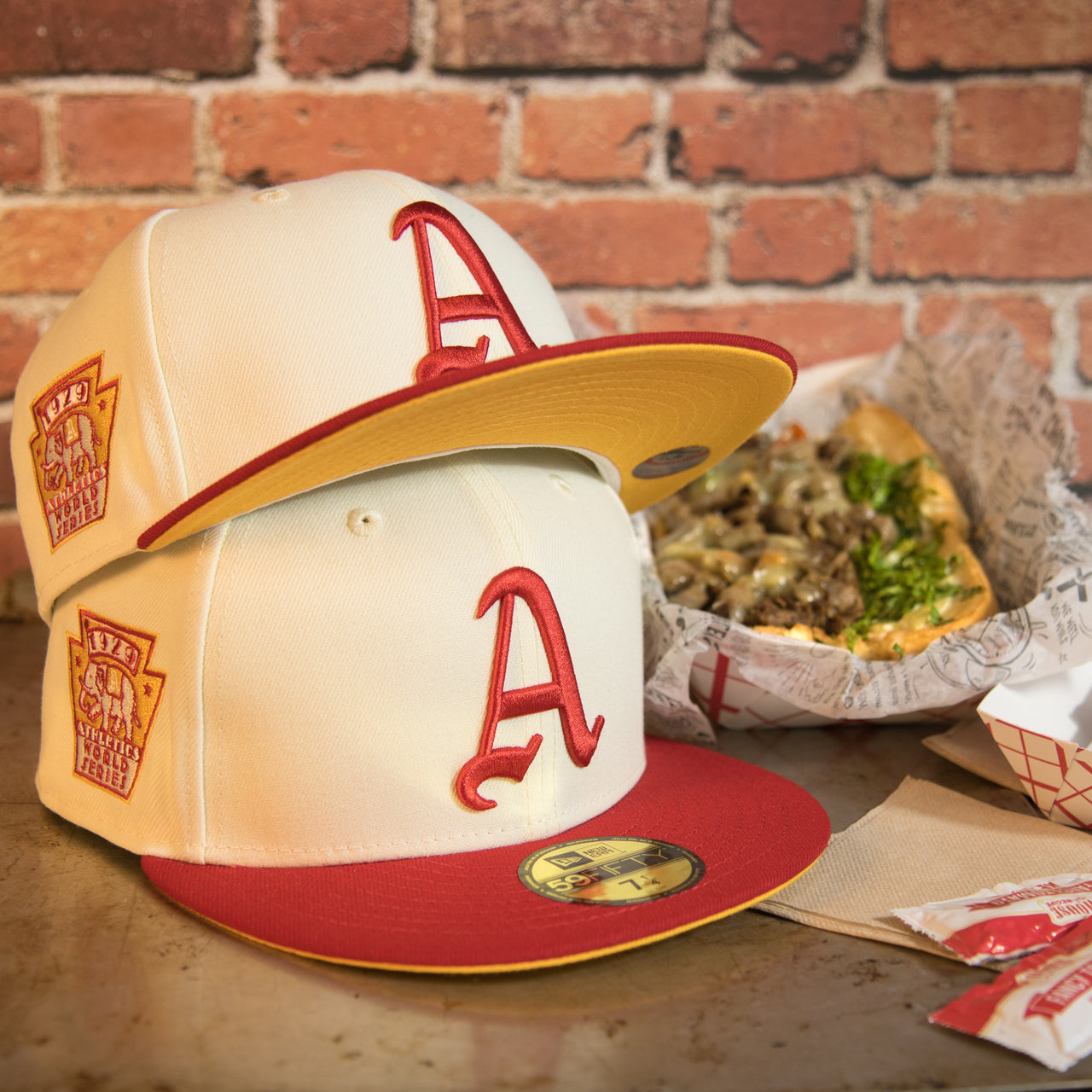 front side of the Philadelphia Athletics Cooperstown 1929 World Series Side Patch Yellow UV 59Fifty Fitted Cap | Chrome/Red | CheeseSteak Pack Woodlands jeepdealer Exclusive