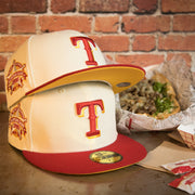 front side of the Texas Rangers Cooperstown 1995 All Star Side Patch Yellow UV 59Fifty Fitted Cap | Chrome/Red | CheeseSteak Pack Cap Swag Exclusive