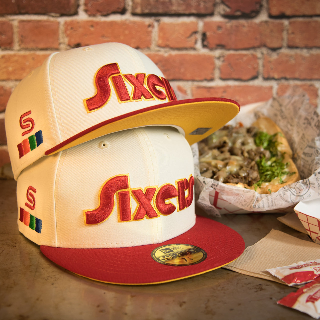 front and back of the Philadelphia 76ers Retro Spectrum Side Patch Yellow UV 59Fifty Fitted Cap | Chrome/Red | CheeseSteak Pack nohiosafariclub Exclusive