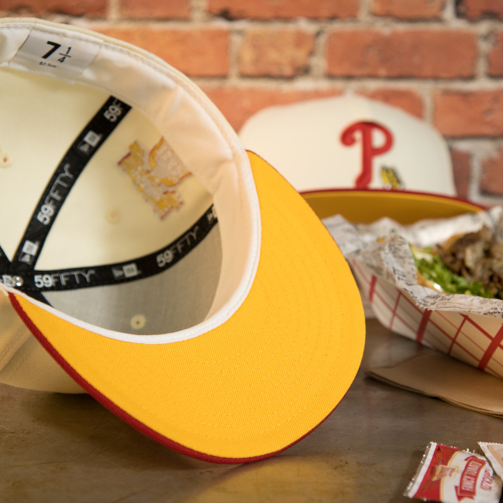underside of the Philadelphia Phillies Cooperstown 1996 All Star Side Patch Yellow UV 59Fifty Fitted Cap | Chrome/Red | CheeseSteak Pack nohiosafariclub Exclusive
