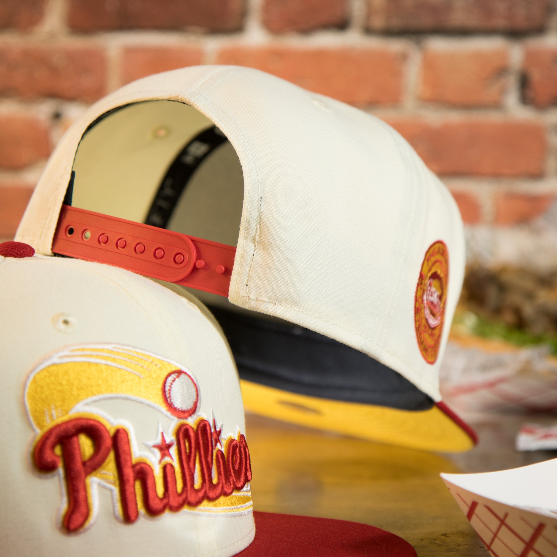 back of the Philadelphia Phillies Cooperstown Veterans Stadium Side Patch Side Patch Yellow UV 9Fifty Snapback Cap | Chrome/Red | CheeseSteak Pack nohiosafariclub Exclusive