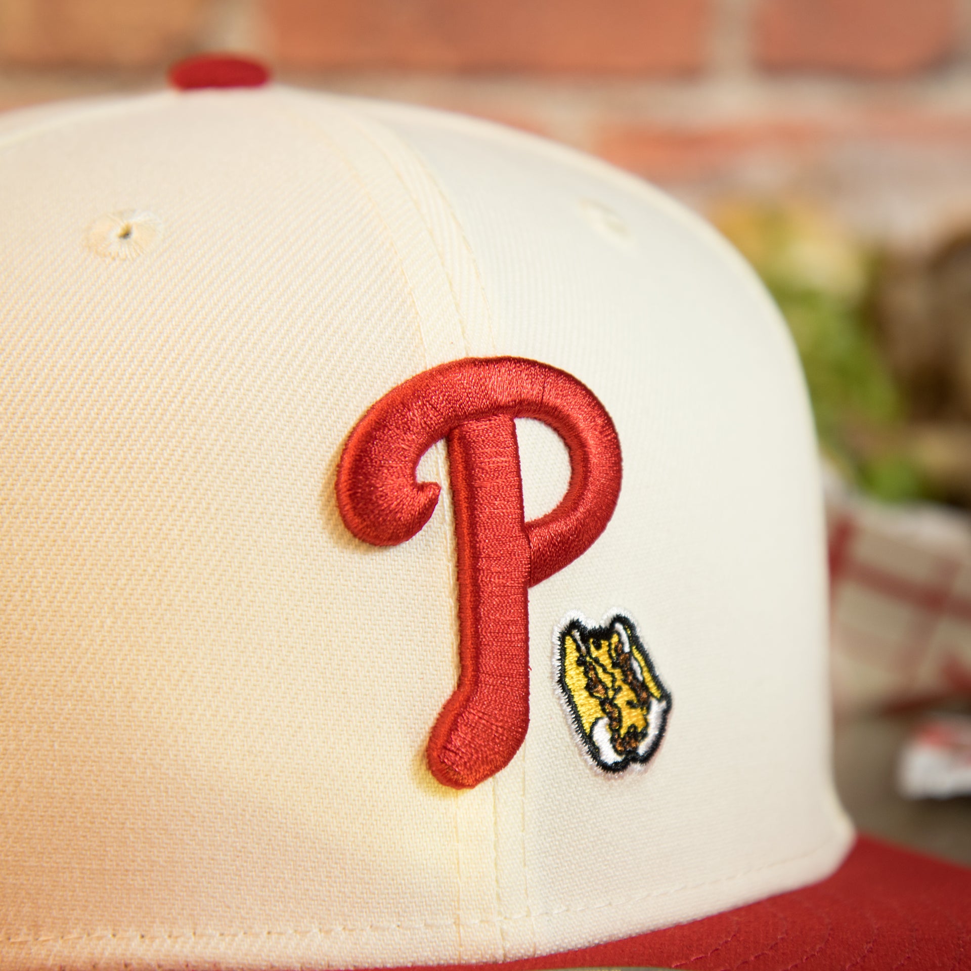 phillies logo on the Philadelphia Phillies Cooperstown 1996 All Star Side Patch Yellow UV 59Fifty Fitted Cap | Chrome/Red | CheeseSteak Pack Cap Swag Exclusive