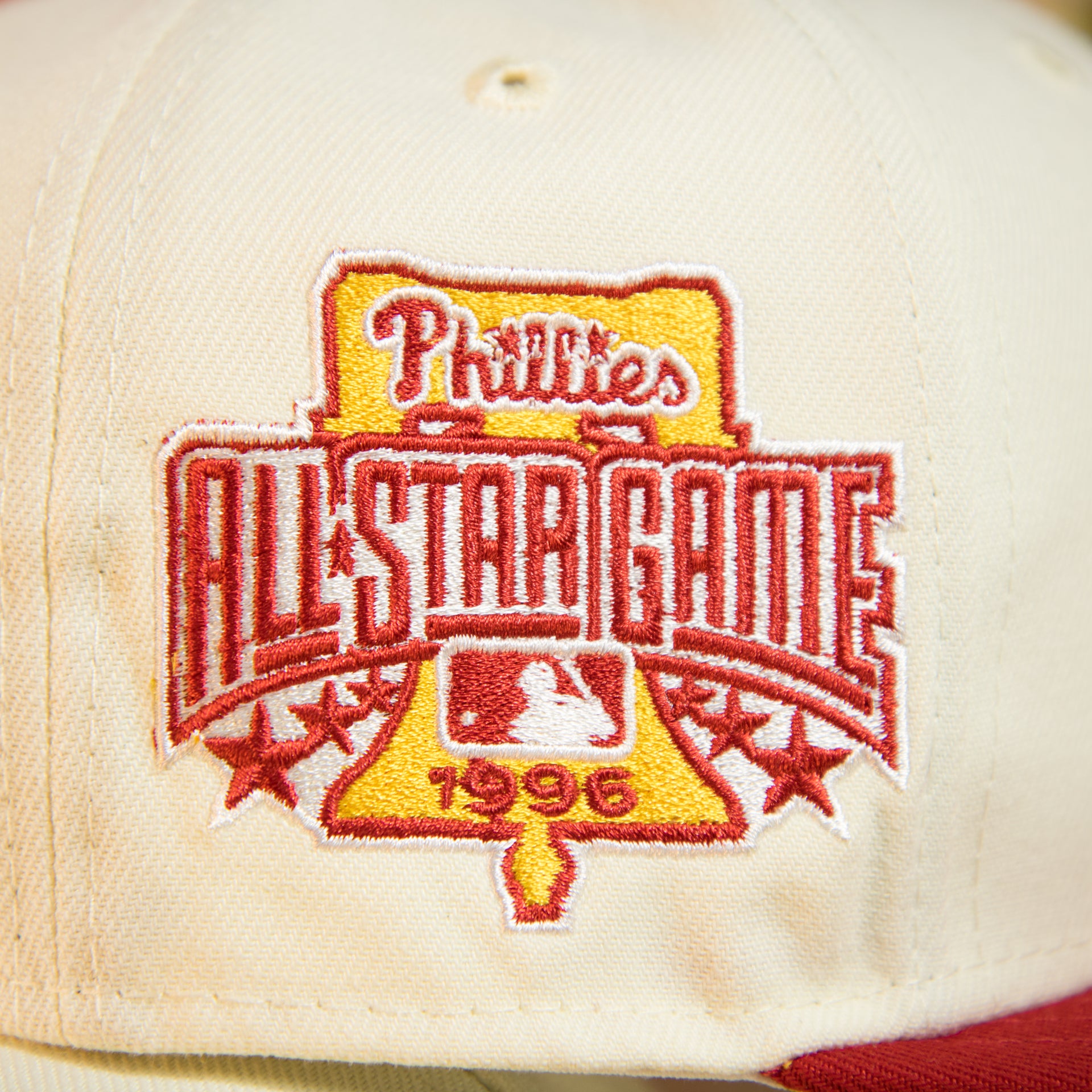 1996 side patch on the Philadelphia Phillies Cooperstown 1996 All Star Side Patch Yellow UV 59Fifty Fitted Cap | Chrome/Red | CheeseSteak Pack nohiosafariclub Exclusive