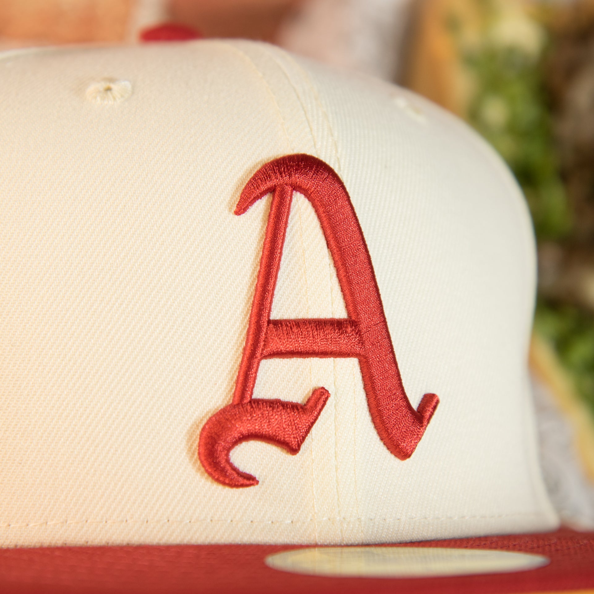 athletics front logo on the Philadelphia Athletics Cooperstown 1929 World Series Side Patch Yellow UV 59Fifty Fitted Cap | Chrome/Red | CheeseSteak Pack Cap Swag Exclusive