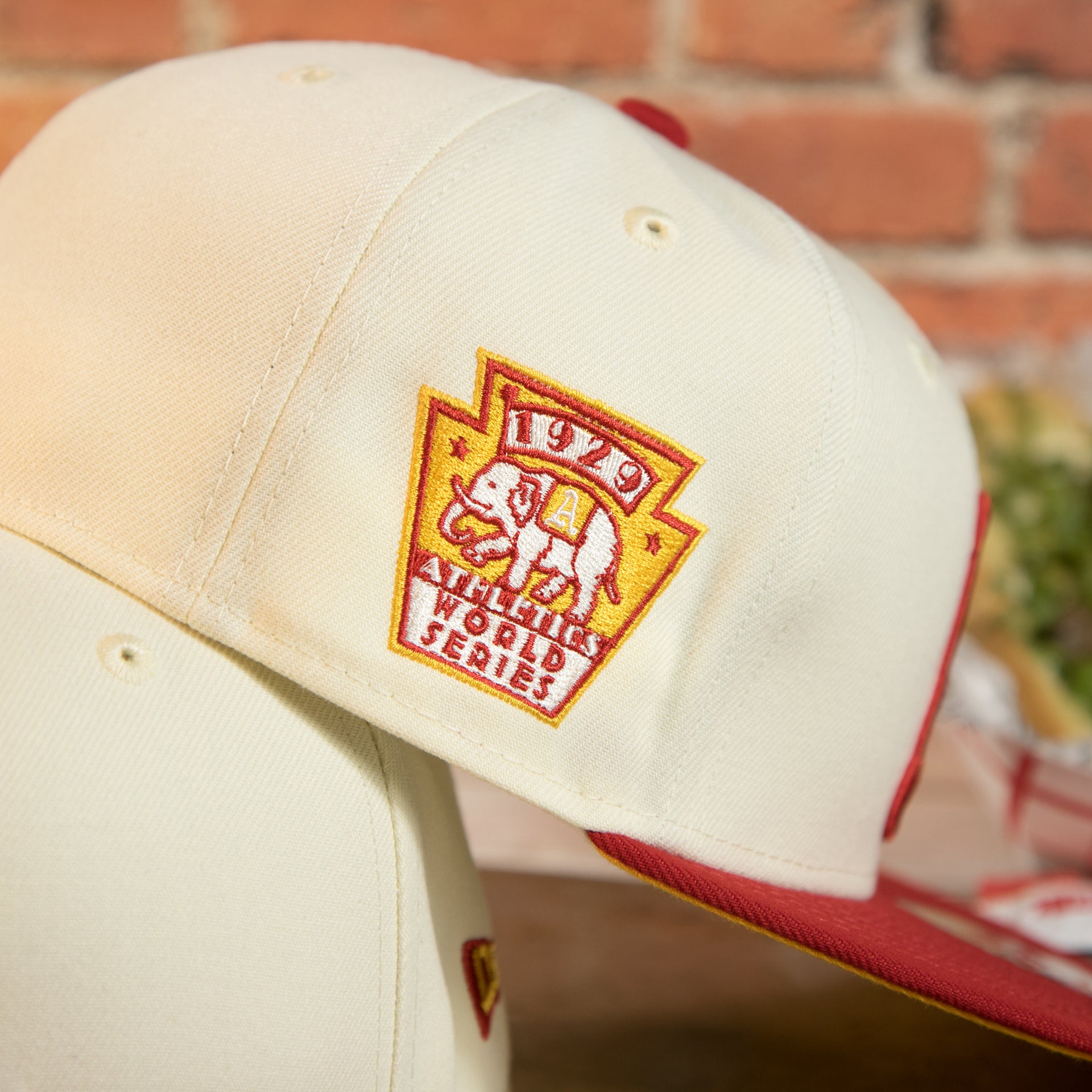 wearers right side of the Philadelphia Athletics Cooperstown 1929 World Series Side Patch Yellow UV 59Fifty Fitted Cap | Chrome/Red | CheeseSteak Pack Cap Swag Exclusive