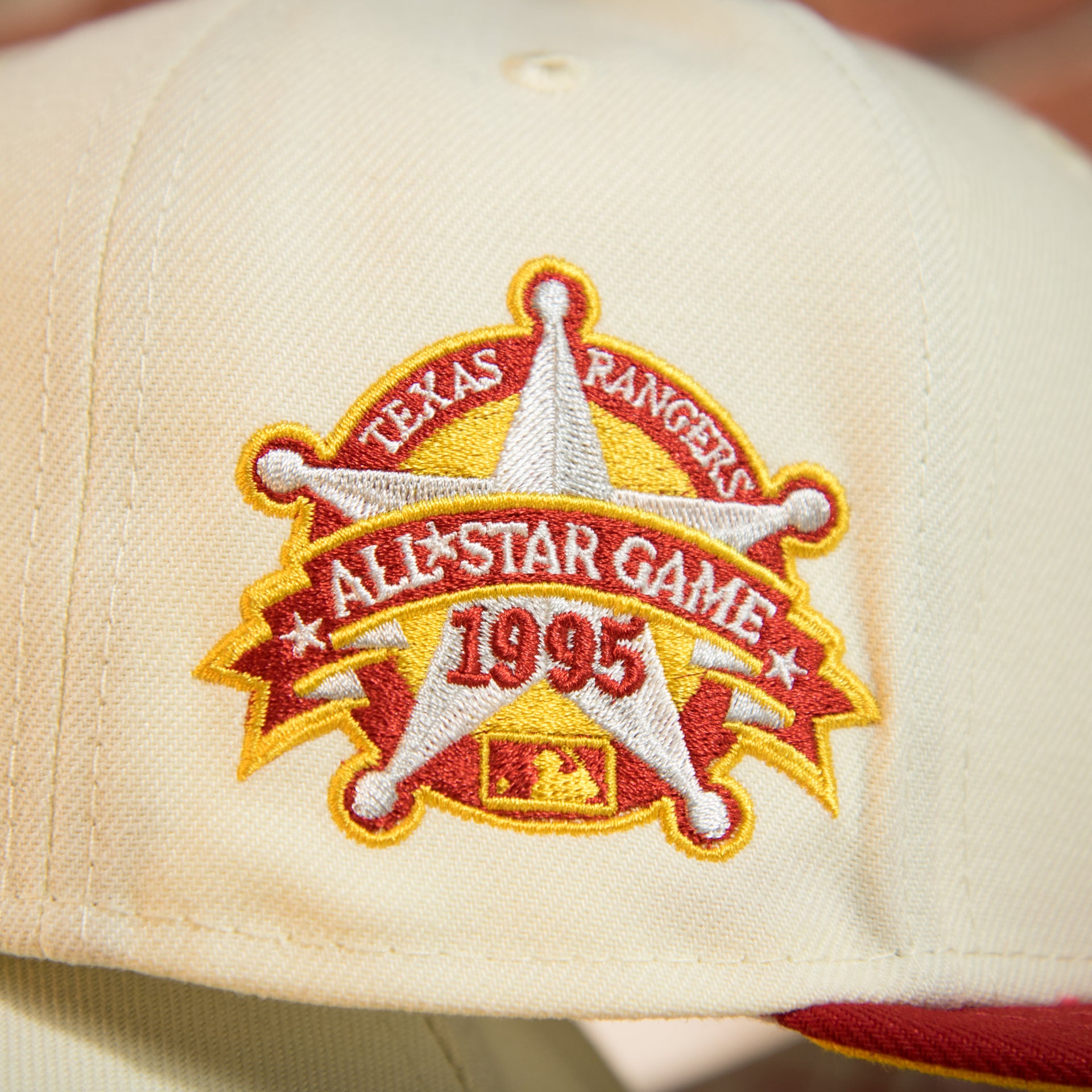 1995 side patch on the side of the Texas Rangers Cooperstown 1995 All Star Side Patch Yellow UV 59Fifty Fitted Cap | Chrome/Red | CheeseSteak Pack nohiosafariclub Exclusive