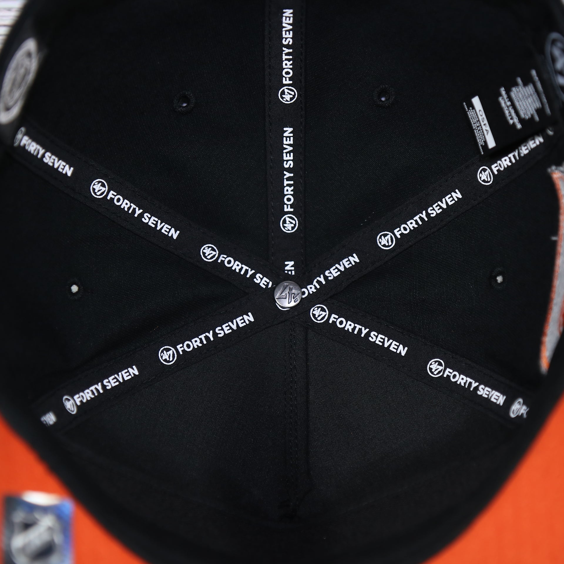 47 brand taping on the inside of the Philadelphia Flyers Black Snapback Dad Hat | Black Adjustable Baseball Cap