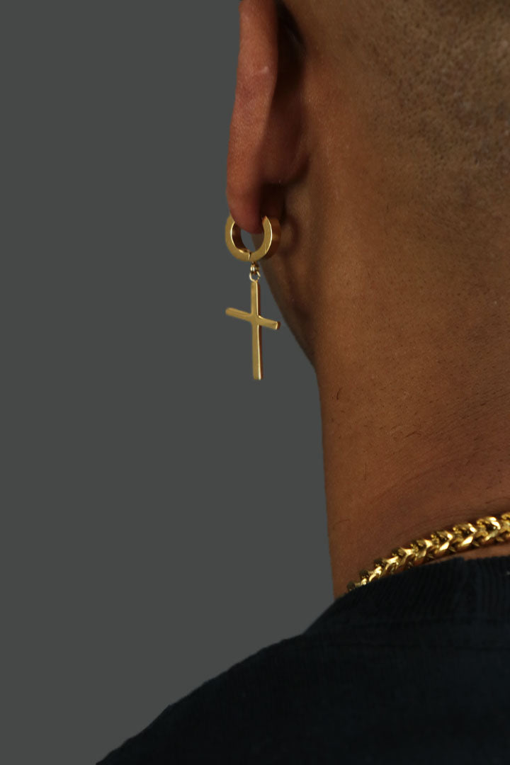 A close up of the Hoop Cross Gold Plated Stainless Steel Men's Earrings Blackjack
