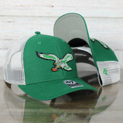 front and bottom of this Philadelphia Eagles Throwback Mesh Back Trucker Hat | Kelly Green Trucker Hat