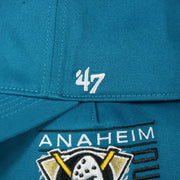 47 brand logo on the front of the Anaheim Ducks Throwback Blue Snapback Dad Hat | Blue Adjustable Baseball Cap