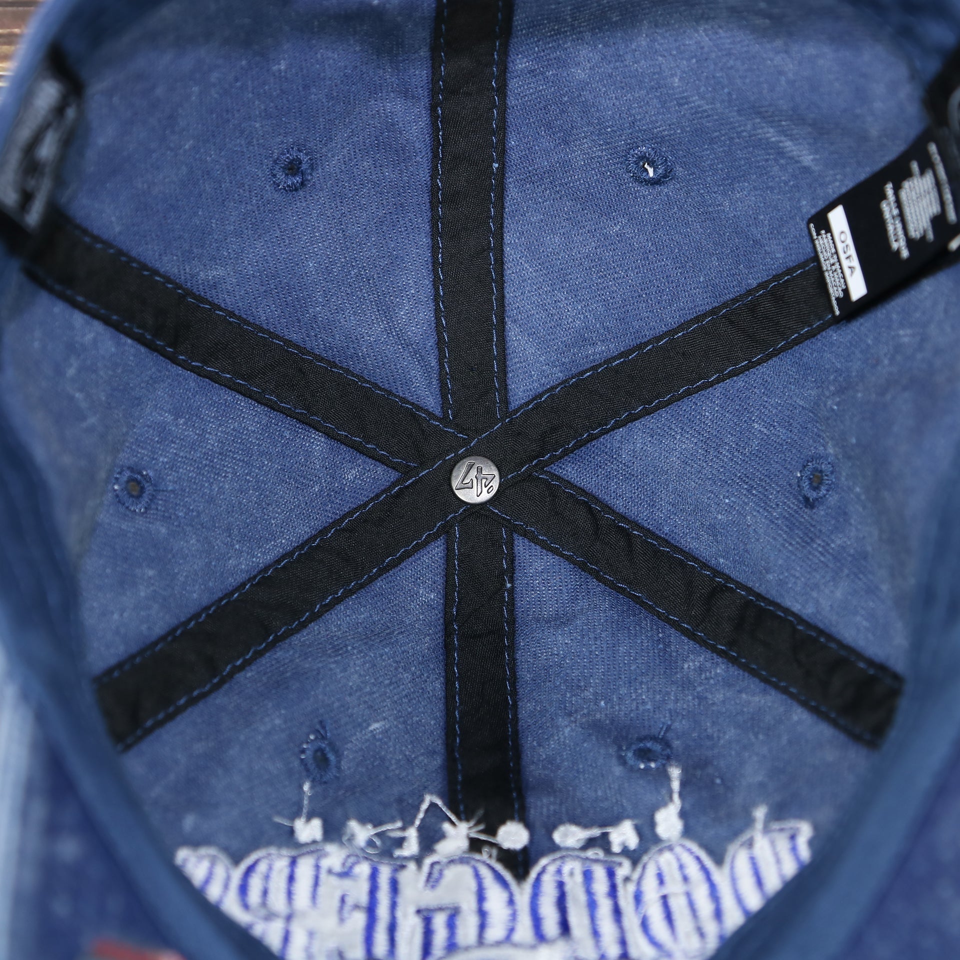47 brand logo on the inside of the Brooklyn Dodgers Throwback Distressed Blue Dad Hat | Blue Adjustable Baseball Cap