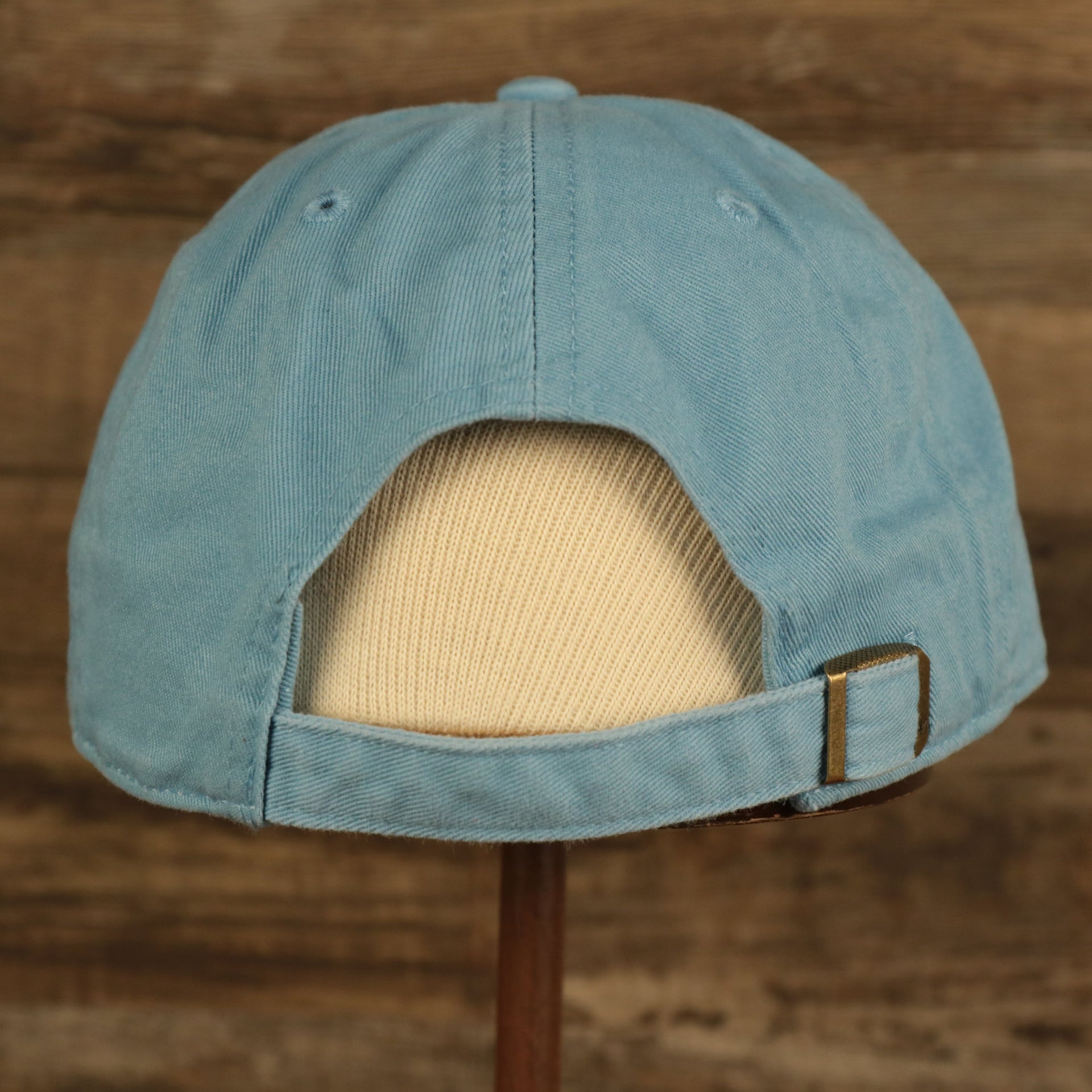 back side of the Philadelphia Phillies 1970 Quaker Logo Powder Blue Adjustable Dad Hat