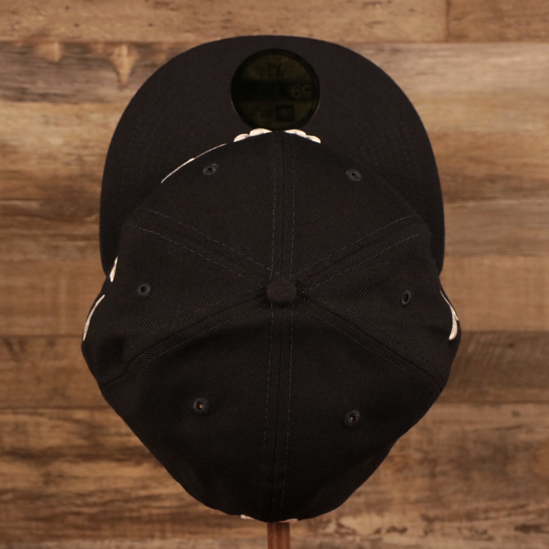 Top down of the New York Yankees Empire State Script Nickname Gray Bottom 59Fifty Fitted Cap