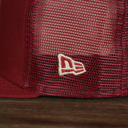 A close up of the New Era logo on the Arizona Diamondbacks Onfield 2022 Batting Practice 59Fifty Trucker Hat