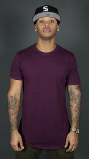 Front side of the plum Jordan Craig longline bottom scoop tshirt.