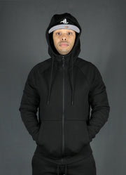 The front side of the black basic fleece hoodie by Jordan Craig.