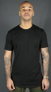 The front side of the black Jordan Craig longline mens scoop bottom tshirt.