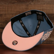 The inside look of the pink brim fitted Phillies MLB 1996 All Star game 59fifty fitted cap.
