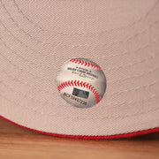 thgray underbrim has the MLB shiny sticker Phillies World Flags Gray Bottom Fitted Cap | Philadelphia Phillies International Flags Red Grey Under Brim Fitted Cap