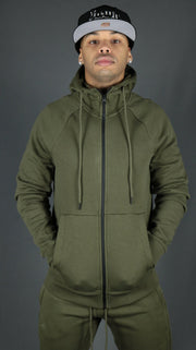 The military olive green Jordan Craig hoodie from the front side.