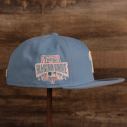 On the wearer's right side of the ice blue Philadelphia Phillies retro side patch hat is the 1996 All Star Game patch.