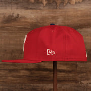 The wearer's left side of the Philadelphia Phillies 2008 World Series side patch fitted hat has the New Era logo in white.