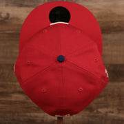 The top view of the crown of the red Phillies 2008 World Series grey bottom fitted cap.