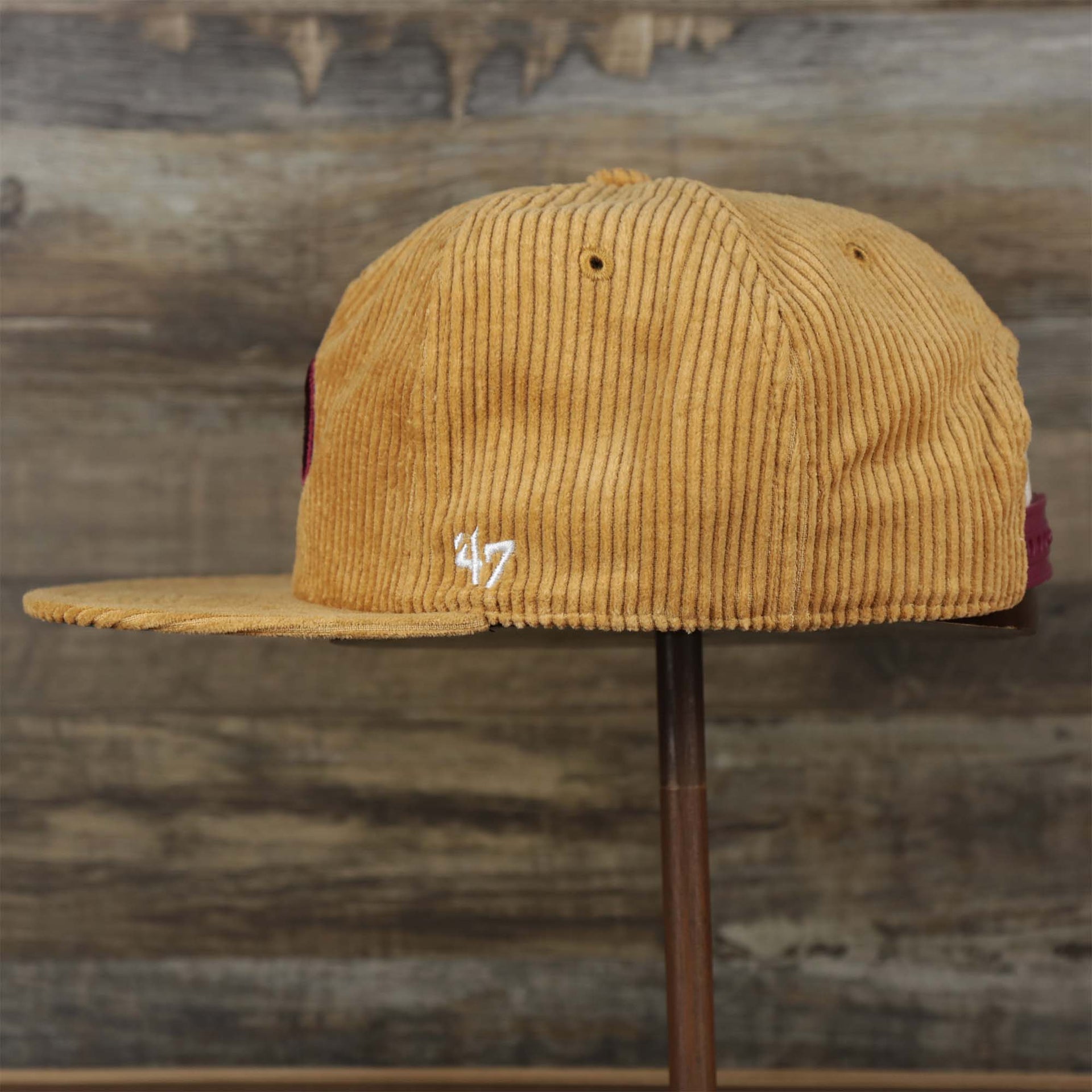 The wearer's left on the Corduroy Philadelphia Phillies Cooperstown Snapback | 47 Brand Khaki