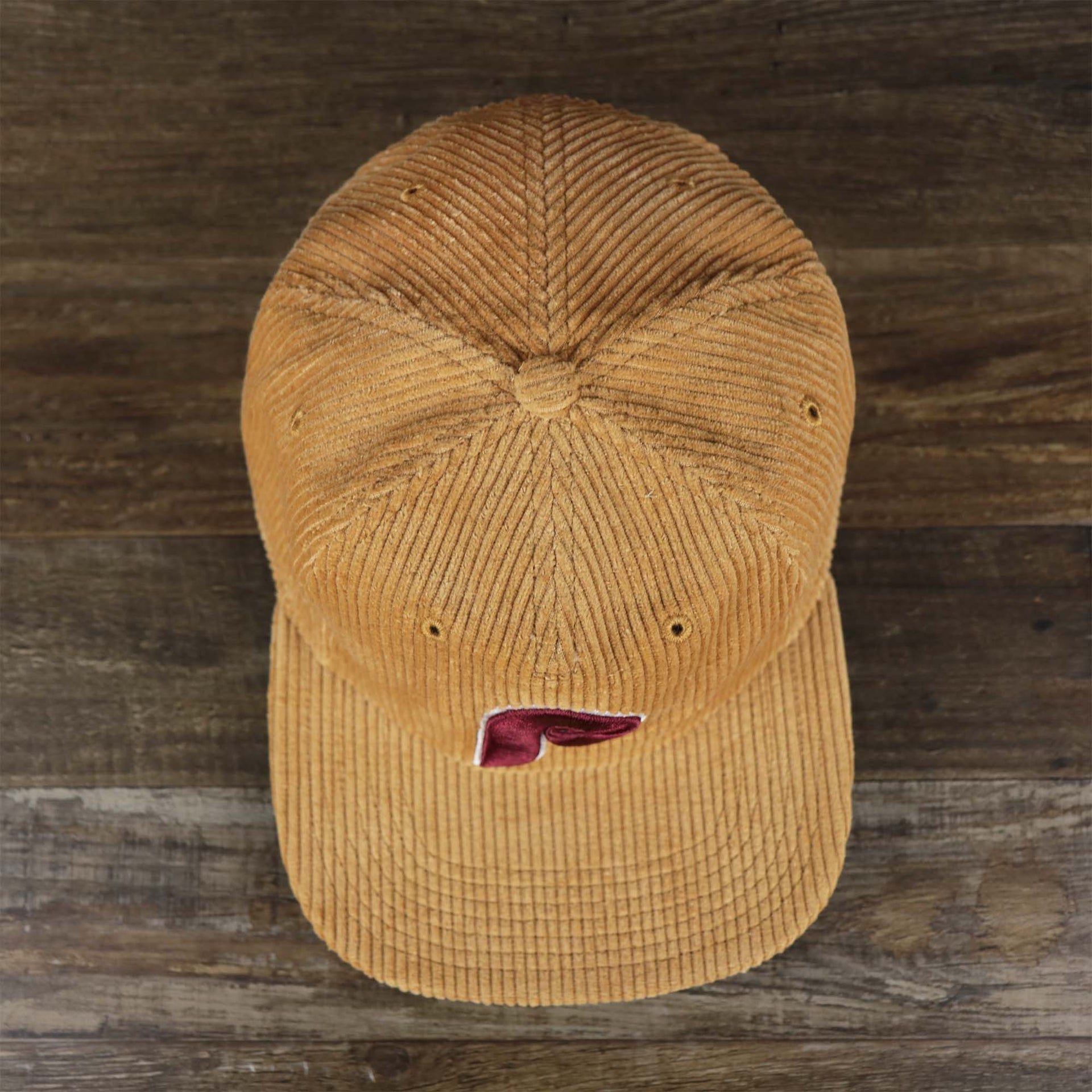 An overhead view on the Corduroy Philadelphia Phillies Cooperstown Snapback | 47 Brand Khaki