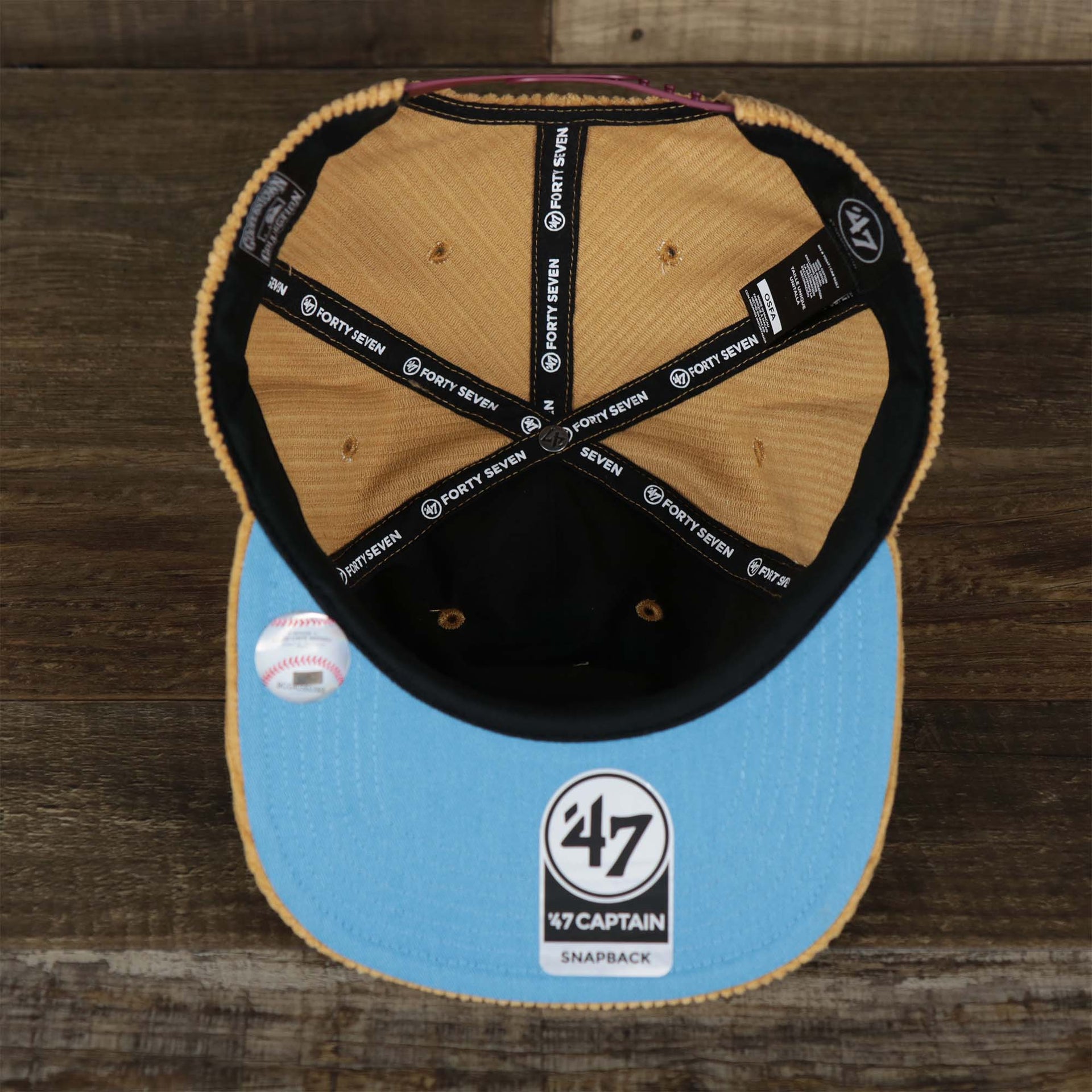 The underside of the Corduroy Philadelphia Phillies Cooperstown Snapback | 47 Brand Khaki