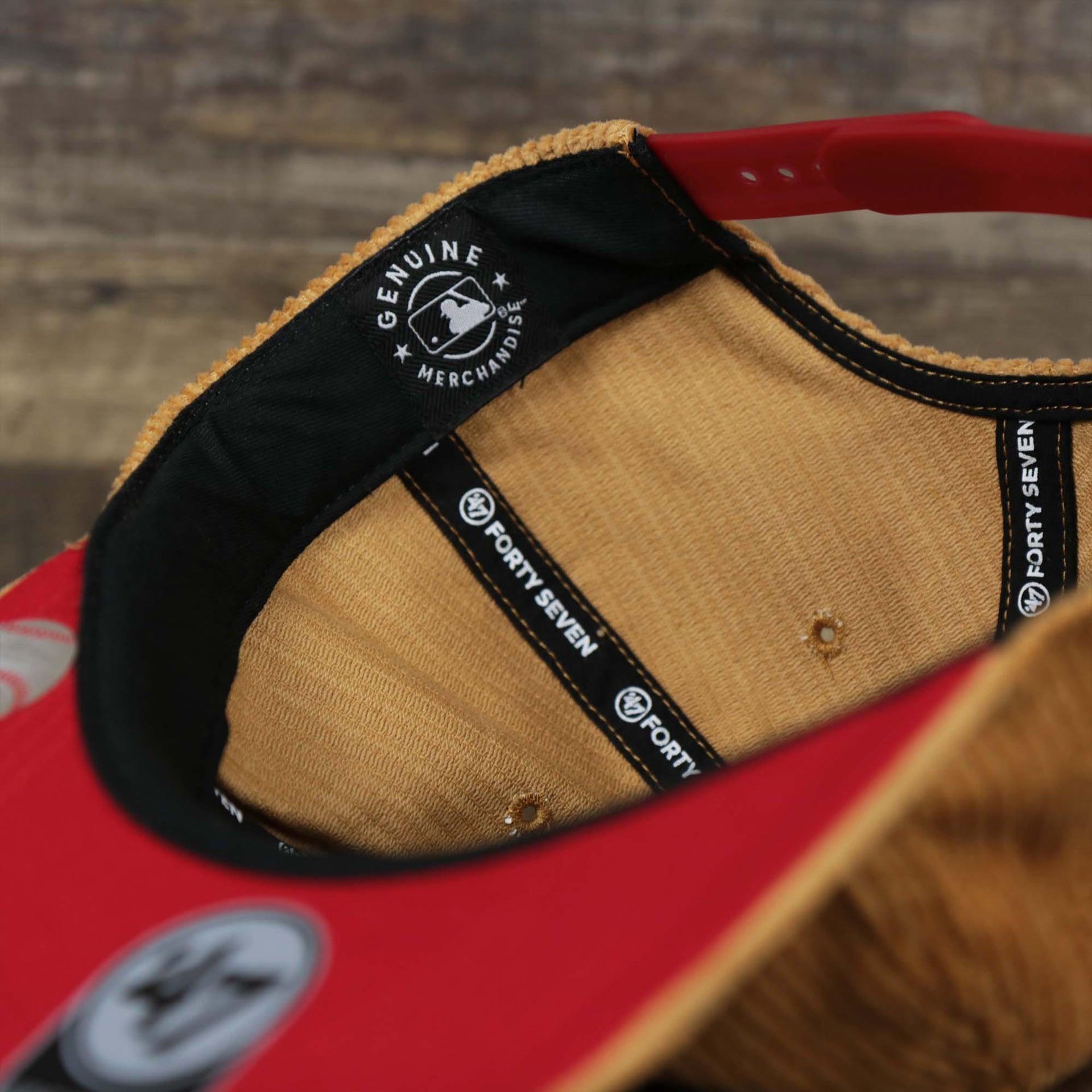 The MLB Merchandise tag on the Corduroy Philadelphia Phillies Snapback | 47 Brand Khaki