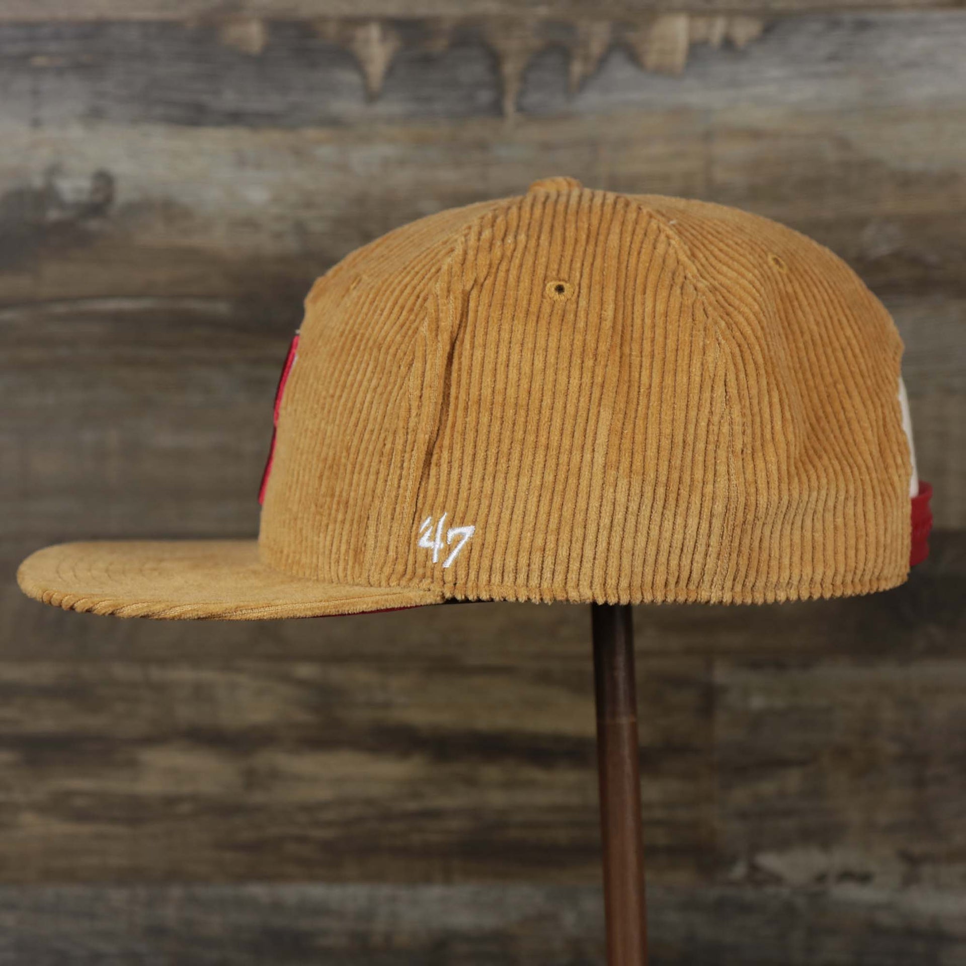 The wearer's left on the Corduroy Philadelphia Phillies Snapback | 47 Brand Khaki
