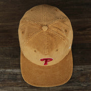 An overhead view on the Corduroy Philadelphia Phillies Snapback | 47 Brand Khaki