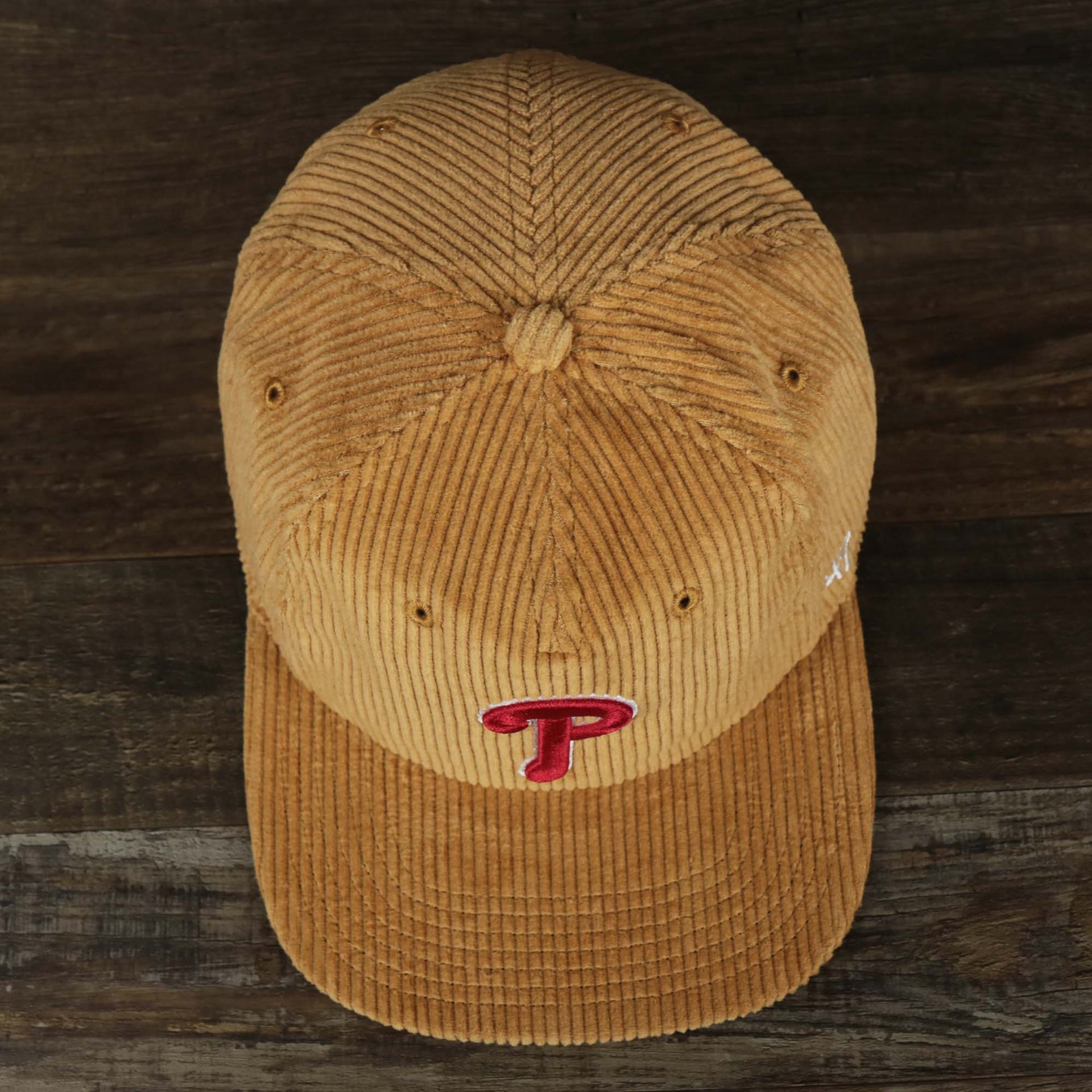 An overhead view on the Corduroy Philadelphia Phillies Snapback | 47 Brand Khaki