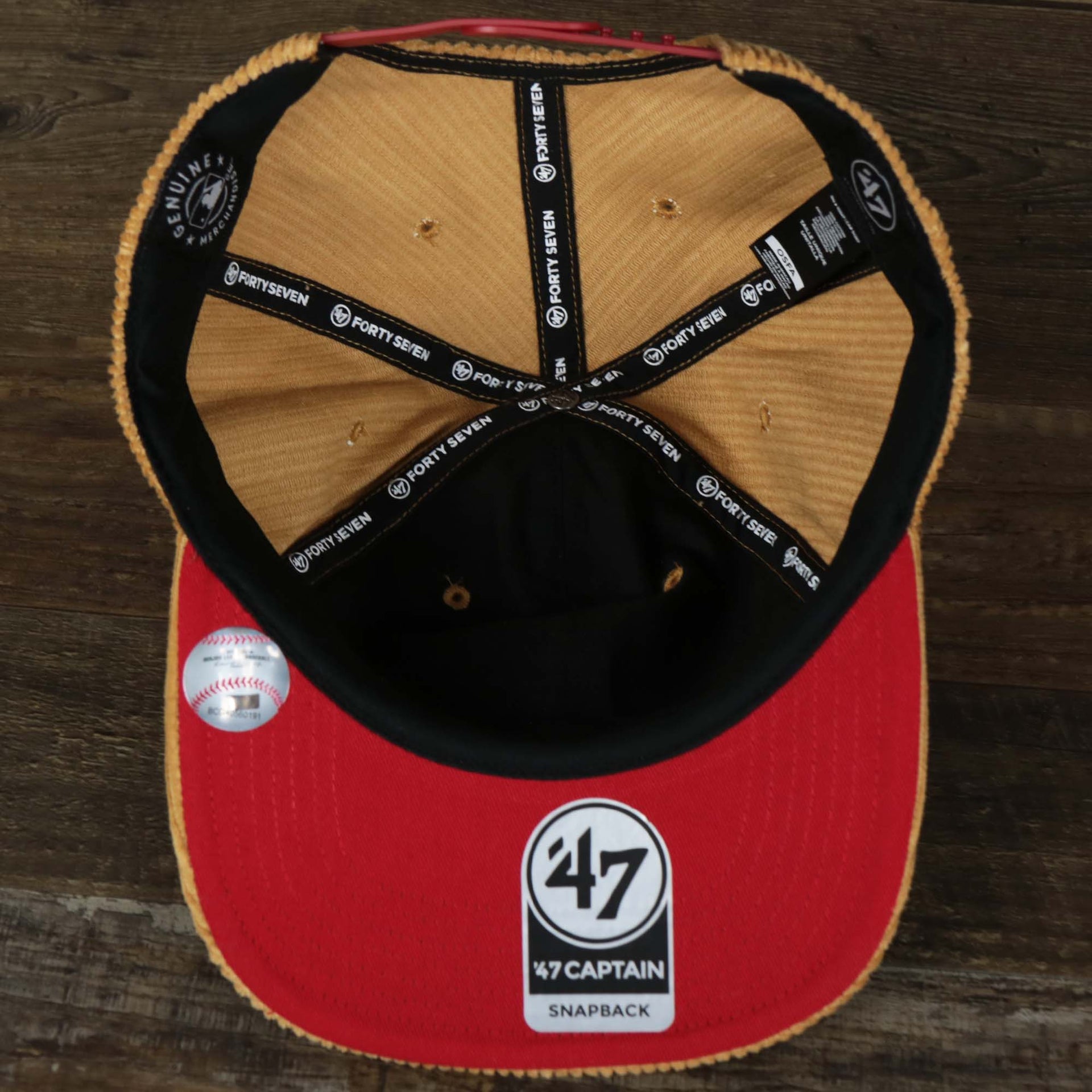 The underside of the Corduroy Philadelphia Phillies Snapback | 47 Brand Khaki