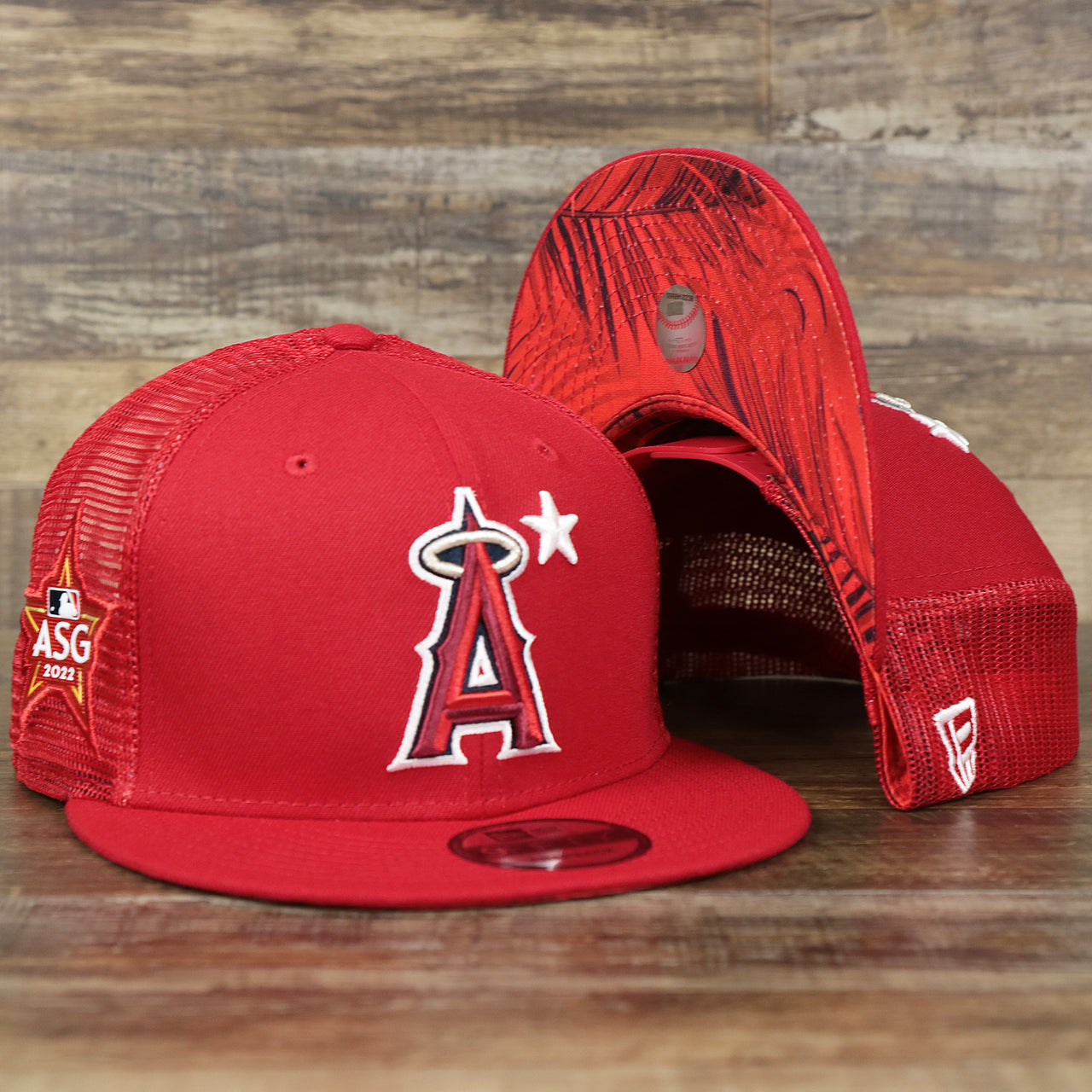 The Anaheim Angels Metallic All Star Game MLB 2022 Side Patch 9Fifty Mesh Snapback | ASG 2022 Red Trucker Hat