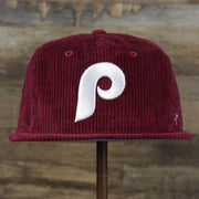 The front of the Corduroy Philadelphia Phillies Cooperstown Snapback | 47 Brand Dark Maroon