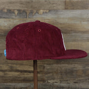 The wearer's right on the Corduroy Philadelphia Phillies Cooperstown Snapback | 47 Brand Dark Maroon