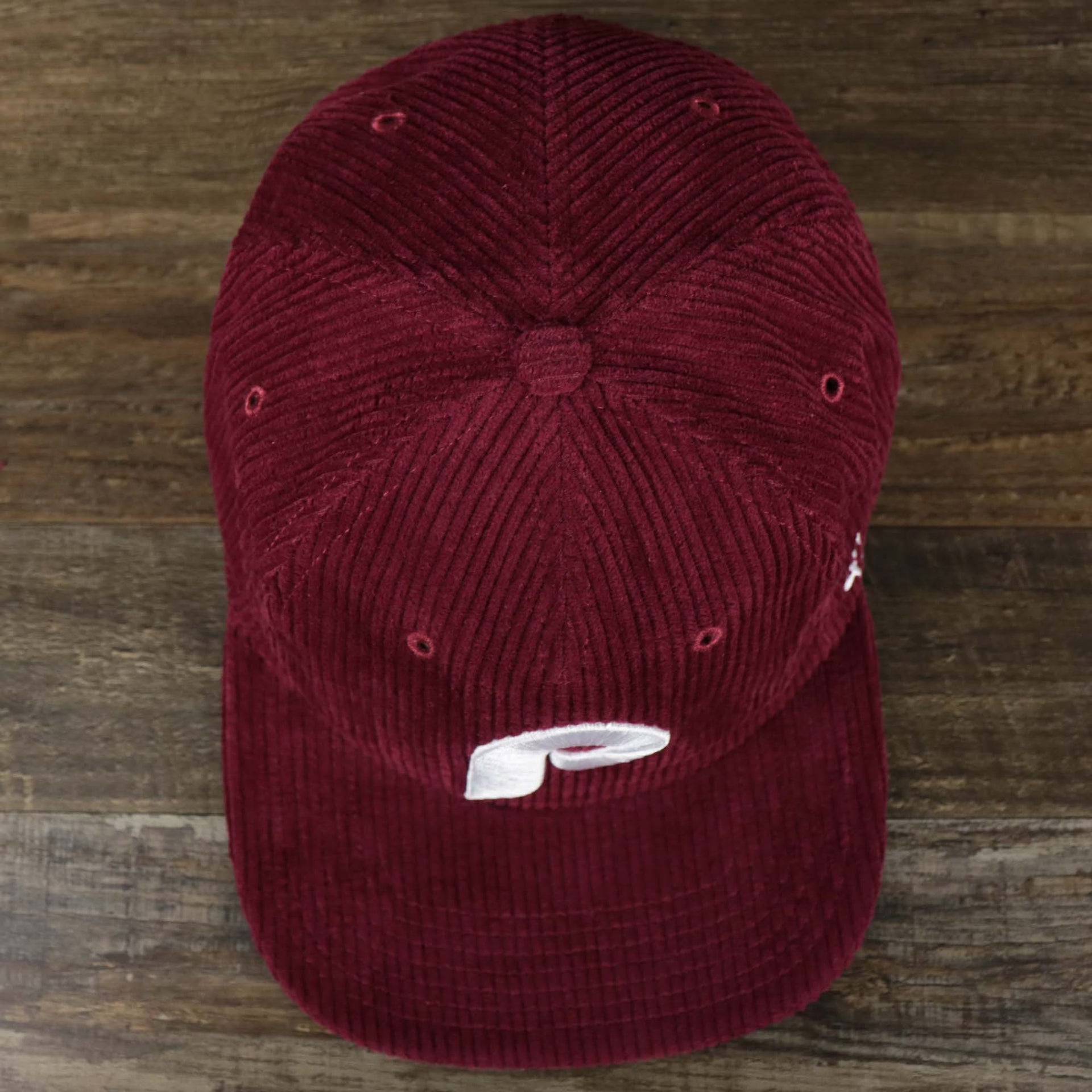 An overhead view of the Corduroy Philadelphia Phillies Cooperstown Snapback | 47 Brand Dark Maroon